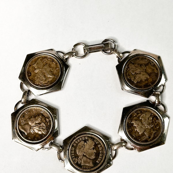 Vintage Coin Bracelet Mercury Dimes and Barber Dimes in Hexagonal Silver Tone Metal Settings Dated 1901 1936 1939 1943 1944