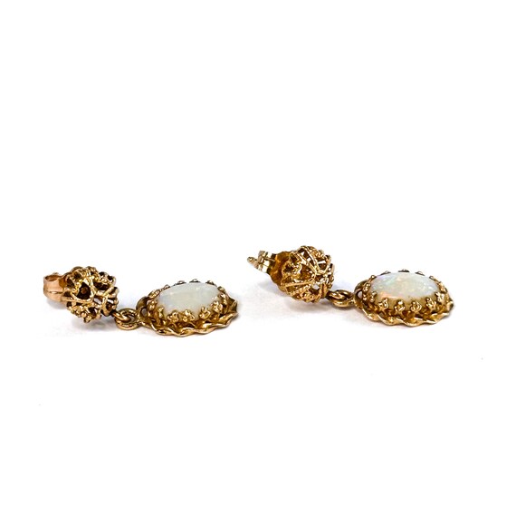 14k Yellow Gold Oval Opal Filigree Dangle Earrings - image 5