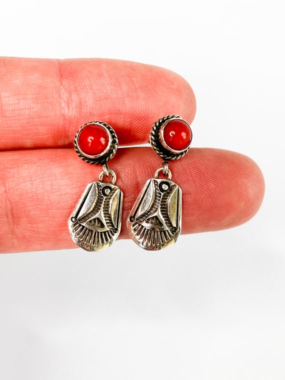 Sterling Silver Red Coral Oval Navajo Dangle Earr… - image 5