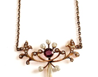10k Yellow Gold Foliate  Seed Pearl  Rhodolite Garnet Lavaliere  Necklace with Dogtooth Pearl