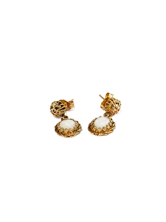 14k Yellow Gold Oval Opal Filigree Dangle Earrings - image 3