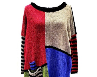 Designer One Size Color Block Hand Knit Sweater Woven W/Pockets Woven PULLOVER!