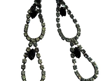 Boucles d'oreilles vintage double larme 3" onyx noir faux diamants Boho Chic Hippie T16