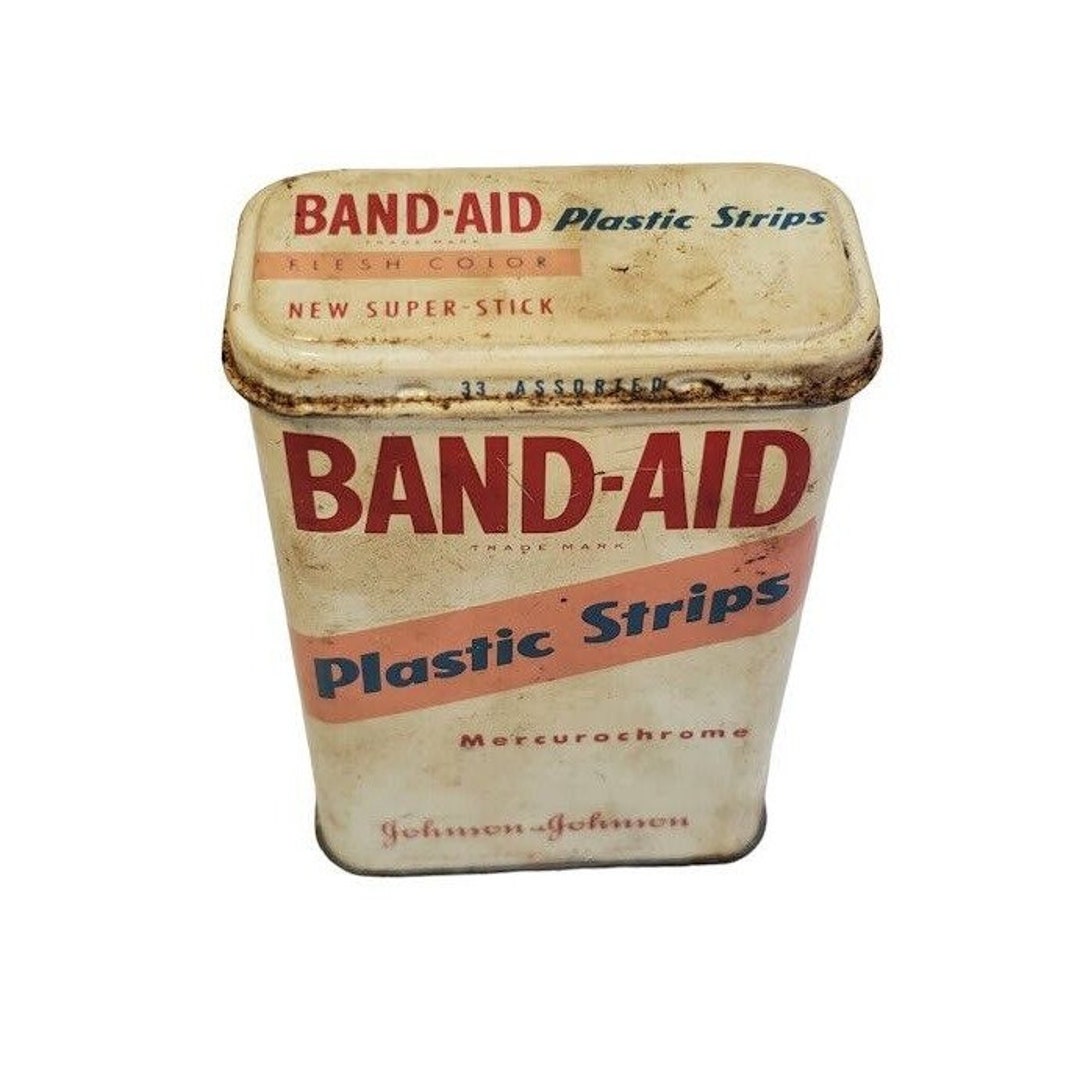 Vintage Johnson & Johnson Band-aid Metal Box Tin Plastic Strips  Mercurochrome 