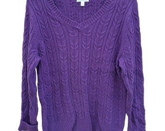 Croft And Barrow Purple Cable Knit Sweater Extra Long Sleeves V Neck Medium