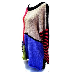 Designer One Size Color Block Hand Knit Sweater Woven W/Pockets Woven PULLOVER image 4