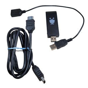 May include: Black electronic device with a USB connector, a black cable, and a black adapter. The device has a TV icon on it. The cable is bundled with a blue rubber band.