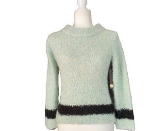 New! Laurie B Mohair Wool Blend Sweater Pullover Mint & Black Stripe Loop Knit S