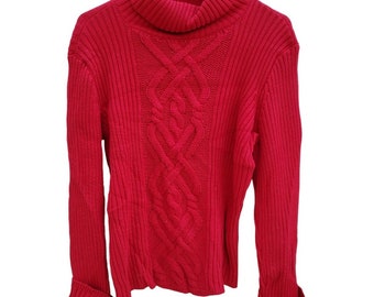 Chaps Ferrari Red Cable Knit Sweater Extra Long Sleeves Turtleneck Cotton Poly M