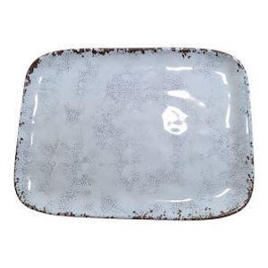May include: Rectangular white ceramic serving platter with a distressed finish and a brown rim. The platter has rounded corners and a glossy surface, suitable for serving food.