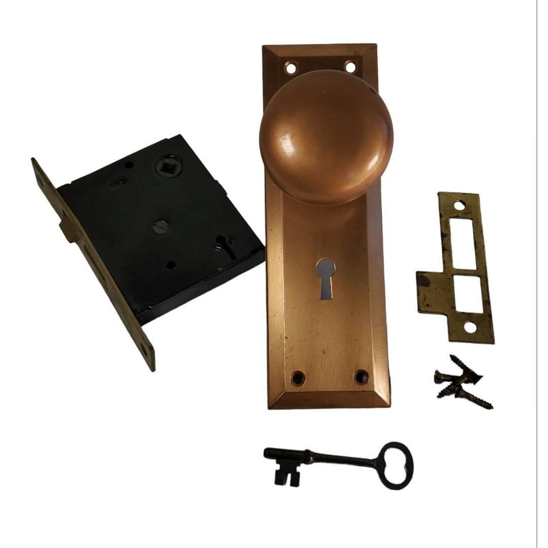 Antique Mid Century Modern Brass Door Knob Skeleton Key Lock Set