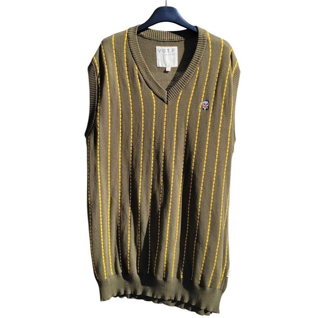 VSTR Premium Sweater Vest Green Yellow Striped Golf Sport Shirt