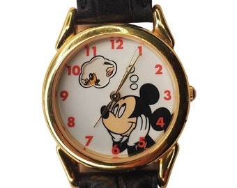 Mickey Mouse Disney Dreaming of Friends Gold Tone Round Watch Black Leather Band