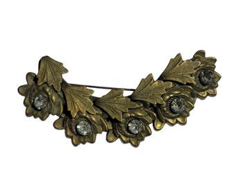 Broche florale vintage MCM Gold CZ, couleur laiton, feuille de chêne, épingle au dos T16