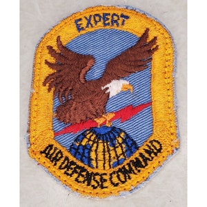 May include: A yellow and blue embroidered patch with a brown eagle perched on a globe with a lightning bolt. The text "EXPERT AIR DEFENSE COMMAND" is embroidered around the globe.