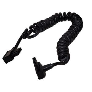 May include: Black coiled cable with two connectors on each end. The cable is flexible and can be extended or retracted.