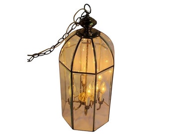 VTG Entryway Glass Brass Lantern Pendant Chandelier Dining Foyer Light Swag Lamp