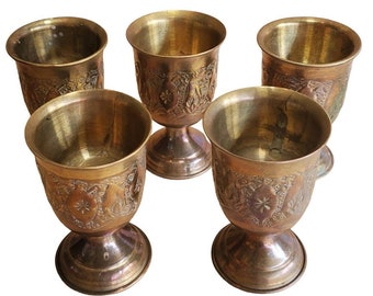 Medieval Gothic Brass Wine Goblet Set 5 Glasses Cosplay Movie Prop Mid Century