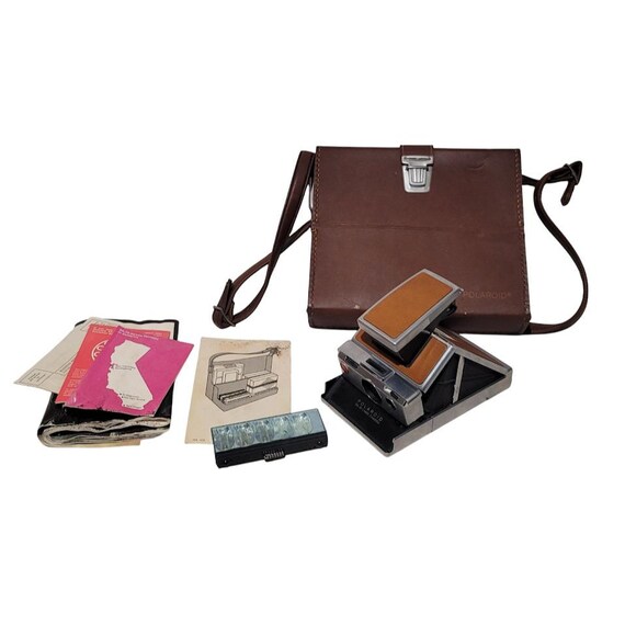 POLAROID SX-70 Land Camera Chrome Brown Leather Case Strap Papers