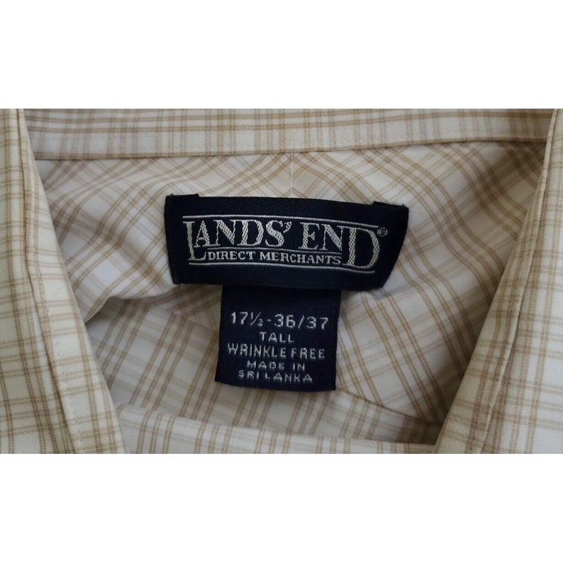 Lands End 17.5 36/37 Tall Wrinkle Free Button Dress Shirt Tan White Check Stripe afbeelding 4