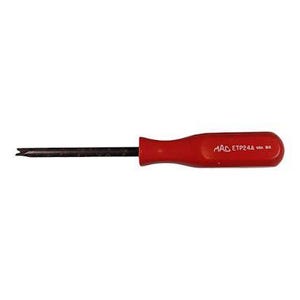 May include: A red handled MAC ETP24A USA tool with a black metal shaft. The tool is designed for a specific purpose, likely automotive or mechanical work. The handle is a vibrant red color, providing a comfortable grip.