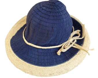 Scala Collezione Navy Straw Brim Fedora Hat Women's Rope Band One Size H43