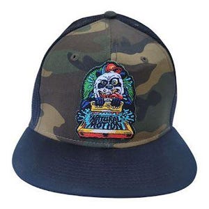 May include: Camouflage and navy blue baseball cap with a mesh back. The cap features a colorful embroidered patch of a panda with a red bow, holding a sign that reads "NATURAL MOTION".