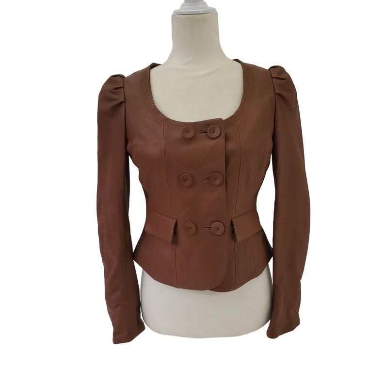 NEW Hoss Intropia Leather Jacket Crop Peplum Pockets Swoop Neck Buttons Brown 8 image 1