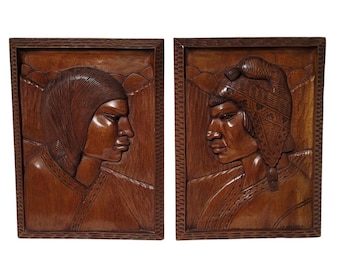 Mid Century 1960 Mahogany J Ramirez Carved Wood Plaques Native Bolivian Wall Art