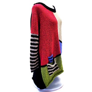 Designer One Size Color Block Hand Knit Sweater Woven W/Pockets Woven PULLOVER image 2