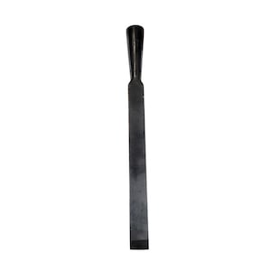 May include: A dark gray metal chisel with a rectangular blade and a flared handle. The tool is designed for woodworking and features a sharp, beveled edge for precise cuts. The chisel is a hand tool.