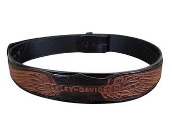 Harley Davidson Leather Belt Size 36 Wing Logo Made In USA Black T15