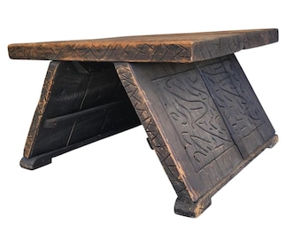Vintage Carved Redwood African Tribal Rustic Boho Brutalist Table or Bench 24x23