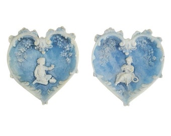 Pair Incolay Wall Hanging Plaque Victorian Carved Stone Heart Shape Boy Girl M6