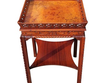 Antique Rosewood Mahogany Burl Chippendale Carved Side Table Fern Plant Stand