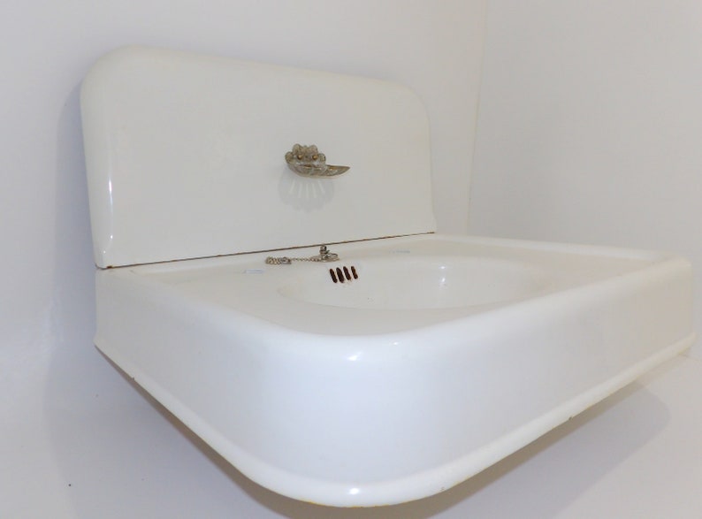 Cast Iron Sink Antique Standard Enamel Lavatory Bathroom Sink White Original Finish And Soap Dish High Back Splash Guard Rustic Cabin Bath