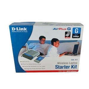May include: A D-Link Wireless Laptop Starter Kit box. The box is blue and white, with images of a router, a laptop, and people using them. Text includes "AirPlus G", "54Mbps", and "Easy to Set Up".