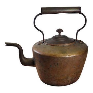 May include: Antique copper kettle with a curved spout, a lid with a small knob, and a handle. The kettle has a dark brown wooden handle and a curved metal handle. The copper has a weathered appearance.