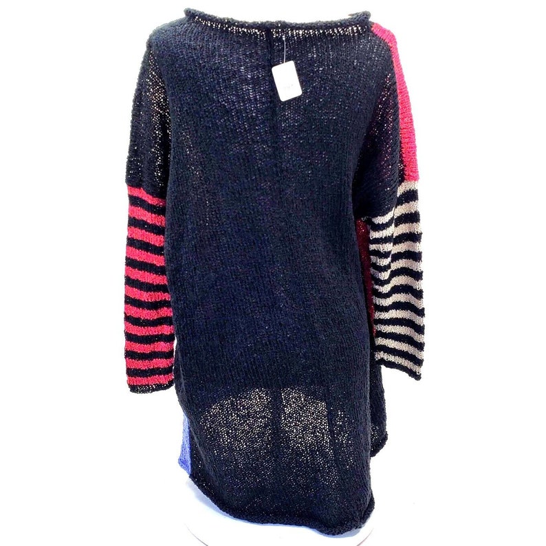 Designer One Size Color Block Hand Knit Sweater Woven W/Pockets Woven PULLOVER image 3