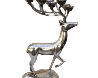 Mid Century Modern Silver Plated Reindeer 10 Candle Holder 20" inches Tall Brass