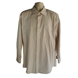 Lands End 17.5 36/37 Tall Wrinkle Free Button Dress Shirt Tan White Check Stripe afbeelding 1