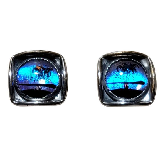 Mid Century Blue Iridescent Tropical Palm Tree Island Silver Tone Cufflinks M30 View 2