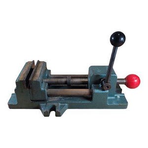 May include: A heavy-duty, teal-colored bench vise. It features a black handle, a red knob, and a sturdy metal construction. The vise is designed to securely hold objects for various workshop tasks.