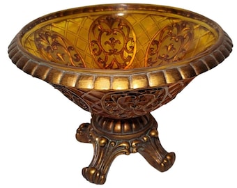 Mid Century Amber Glass Footed Gold Gilt Wood Bowl Centerpiece Embossed T12