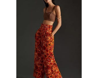 Anthropologie Smocked Gauze Wide Leg Pants Women's S Boho Orange Floral BIN C10