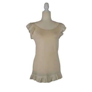 New! Generra Top Blouse Ivory Crochet Knit Ruffle Shoulders Trim Sleeveless L