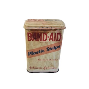 Vintage Johnson & Johnson Band-Aid Metal Box Tin Plastic Strips Mercurochrome