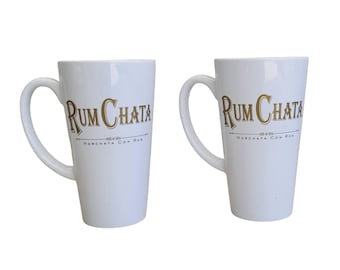 RumChata Horchata Con Ron Tall White Ceramic Mugs Pair Gold Logo M15