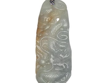 Pendentif ancien en jadéite marron vert, dragon sculpté à la main, Chine, or 14 carats T16