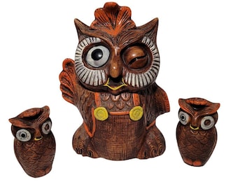 1970's Mid Century Modern Ceramic Owl Cookie Jar Salt & Pepper Shakers Set T2